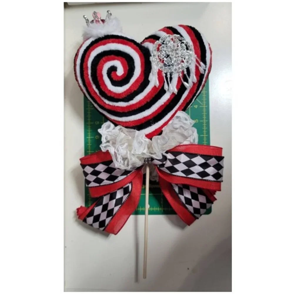 Hearts Decorative Velvety Yarn Red, Black & White Heart w Crown Lollipop & Silve